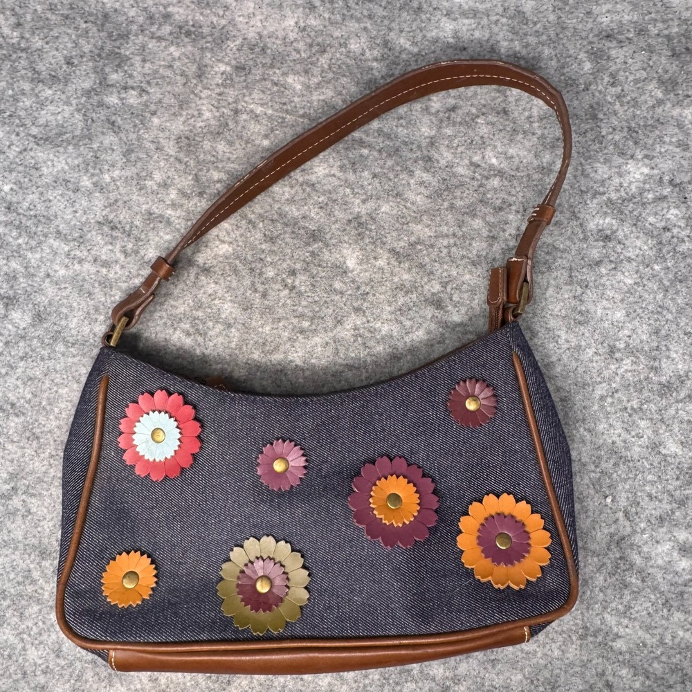 Y2K Liz Claiborne‎ Denim Faux Leather Floral Applique Purse Shoulder Bag Hippie